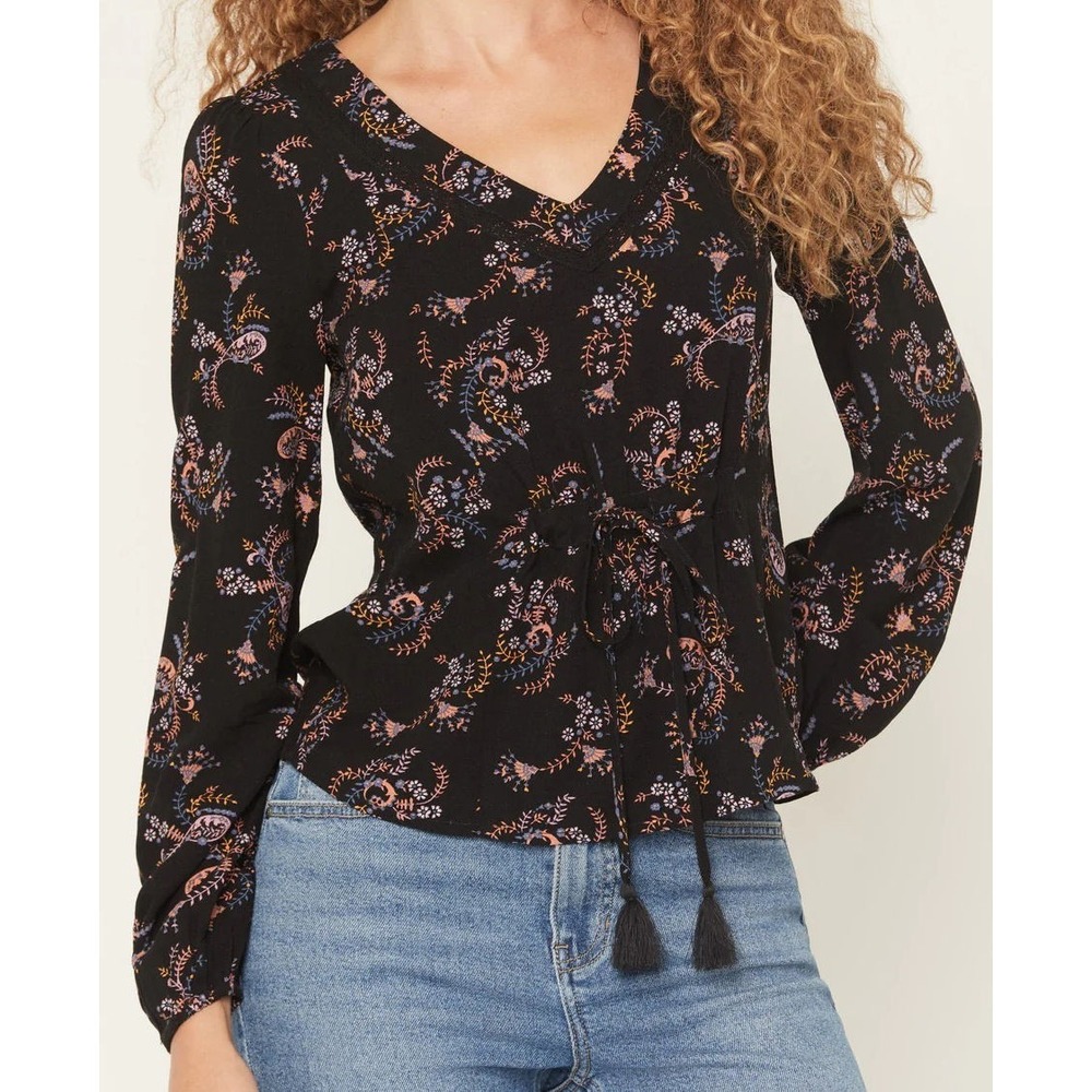 Idyllwind Women's Rayon Corrigan Floral Print Long Sleeve‎ Shirt - Black - Large